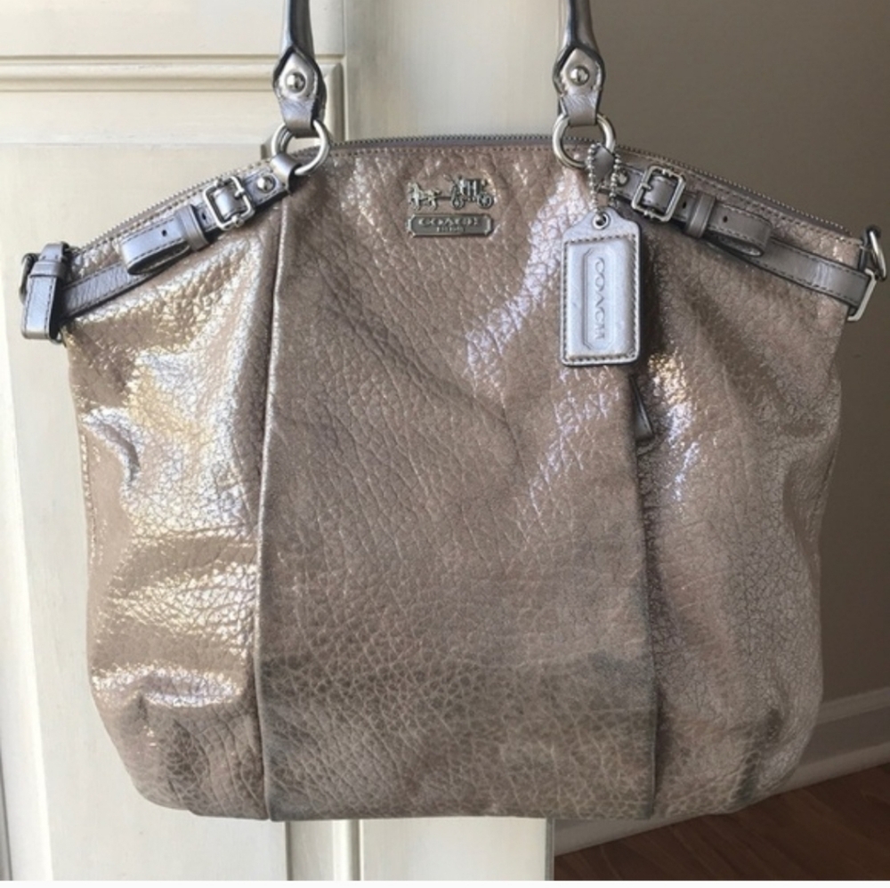 Coach Madison Metallic Silvery/gold Leather Satchel Purse Handbag Pewter